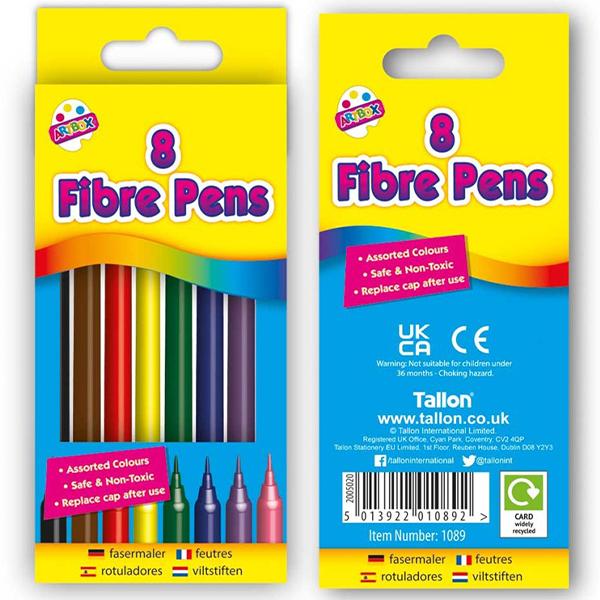 Assorted Colour Fine Tip Fibre Colouring Pens 8 Pack