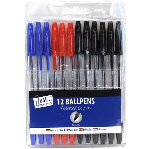 just-stationery-assorted-colour-ballpoint-pens-12-pack